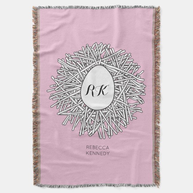 Cute Nest & Egg Personalised Initials & Name Pink Throw Blanket (Front Vertical)