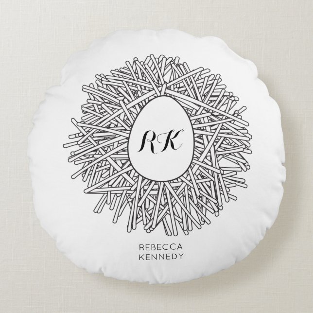 Cute Nest & Egg - Personalised Initials & Name Round Cushion (Front)