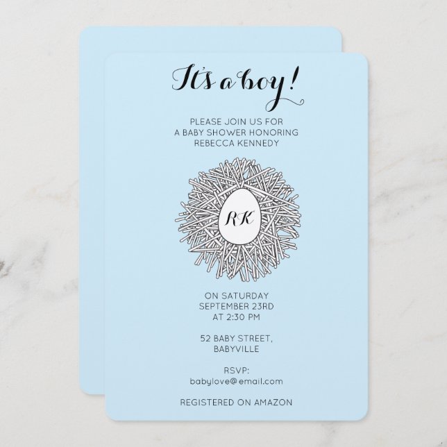 Cute Nest Monogram Baby Boy Baby Shower  Invitation (Front/Back)