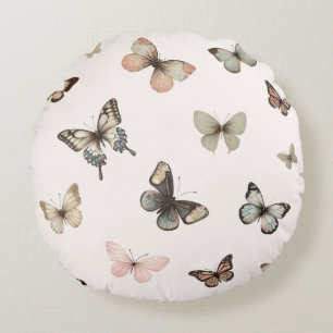 Cute Neutral Butterflies, Muted Tones Pale Pink Round Cushion