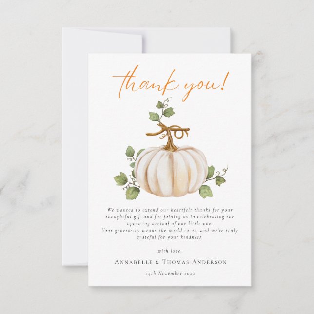 Cute Neutral Fall Pumpkin Baby Shower  Thank You Card (Front)