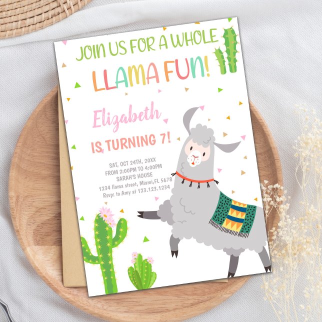 Cute Neutral Fiesta Party Card for Kids or Toddler (Gray Llama Birthday Invitations)