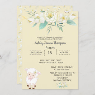 Cute  Neutral Floral Lamb  Baby Shower Invitation