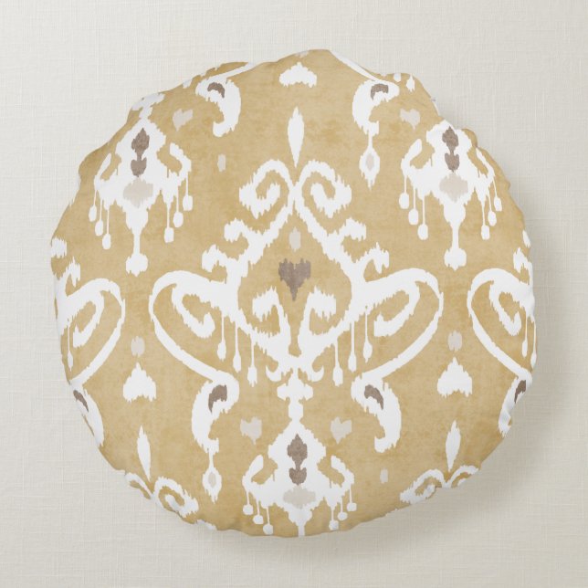 Cute neutral gold beige ikat tribal patterns round cushion (Back)