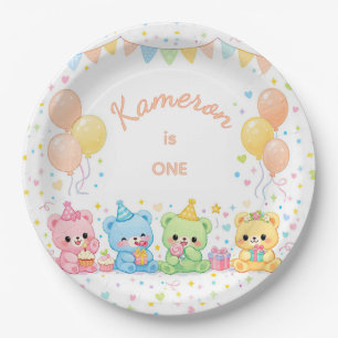 Cute Neutral Pastel Baby Bears Birthday Paper Plate