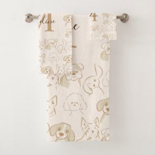 Cute Neutral Pop Dog Pattern Elegant Monogram Bath Towel Set
