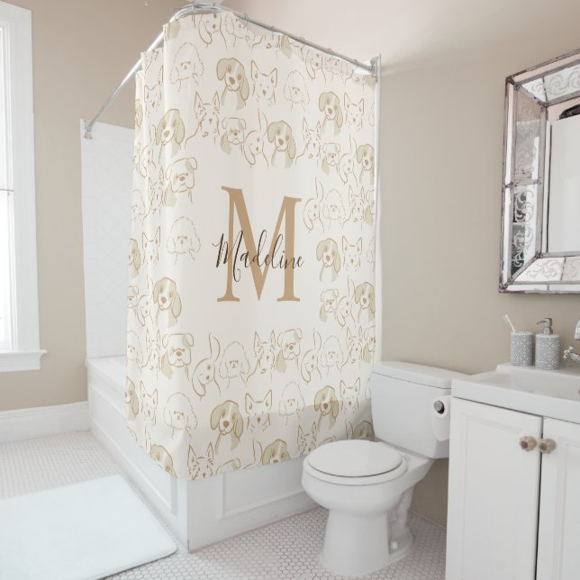 Cute Neutral Pop Dog Pattern Elegant Monogram Shower Curtain (In Situ)