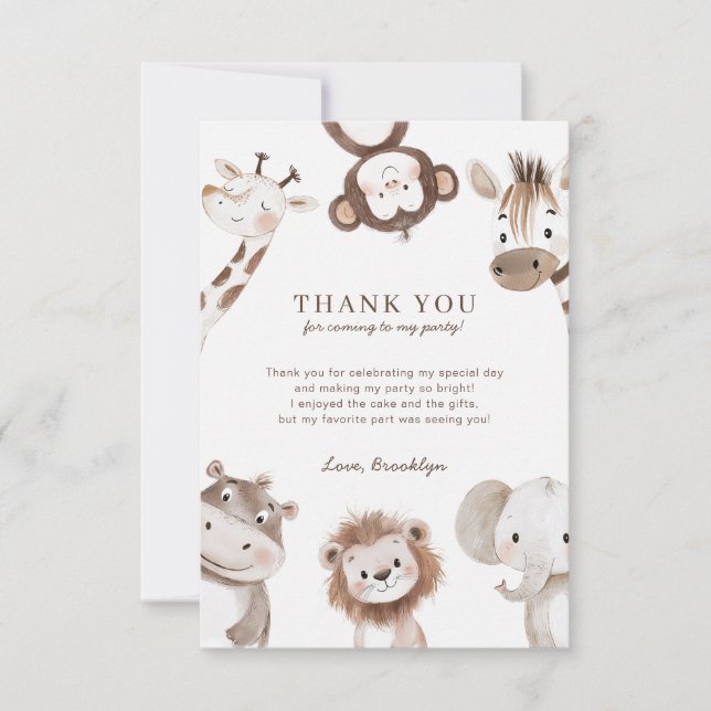 Cute Neutral Safari Jungle 1st Birthday Thank You Card (Front)