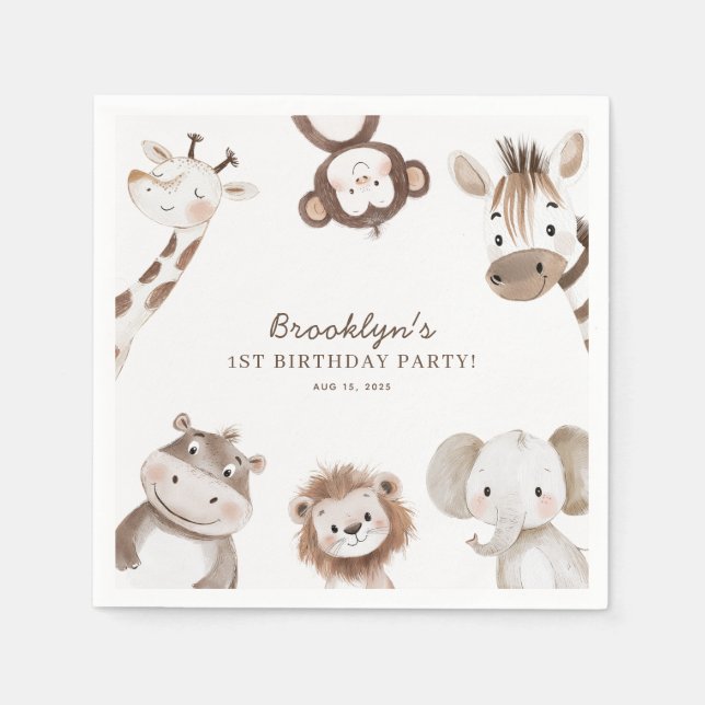 Cute Neutral Safari Jungle Birthday Party Kids Napkin (Front)