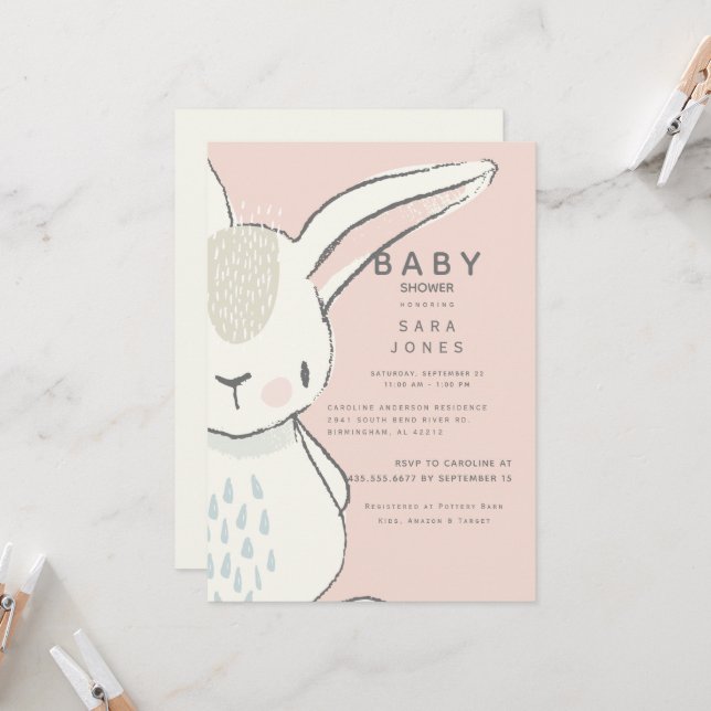 Cute Neutral Watercolor Rabbit Baby Pink Shower Invitation (Front/Back In Situ)