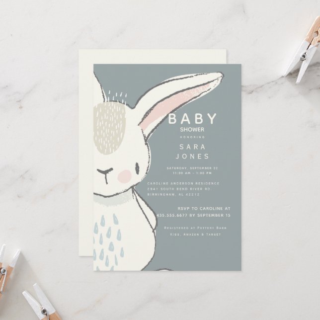 Cute Neutral Watercolor Rabbit Baby Shower Invitation (Front/Back In Situ)