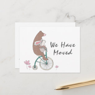 Cute New Address Bicycling Bear & Bunny Announcement Postcard