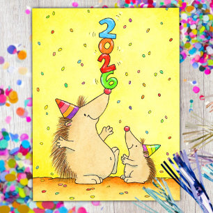 Cute New Year 2026 – Cartoon Hedgehogs for Kids Postcard