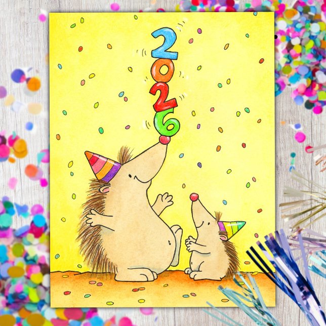 Cute New Year 2026 – Cartoon Hedgehogs for Kids Postcard (Creator Uploaded)