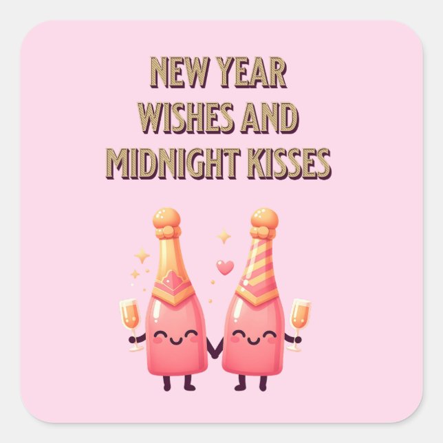 Cute New Year Wishes & Midnight Kisses Kawaii Square Sticker (Front)