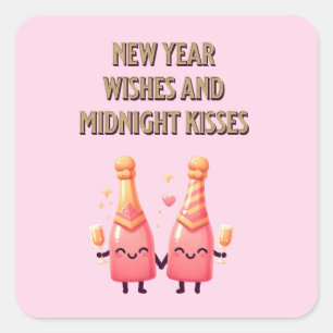 Cute New Year Wishes & Midnight Kisses Kawaii Square Sticker