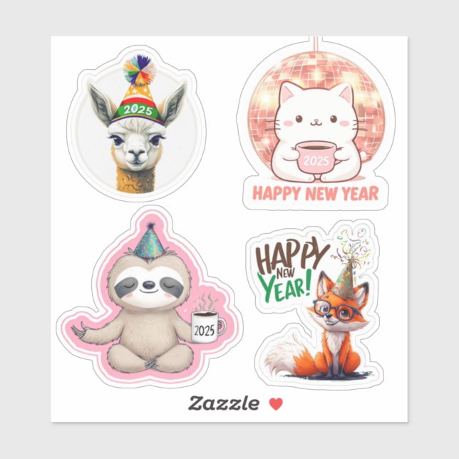 Cute New Years Animal Stickers, 2025 Stickers  (Sheet)