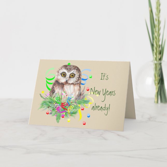 Cute New Years Owl Humour, Watercolor Bird Holiday Card (Front)