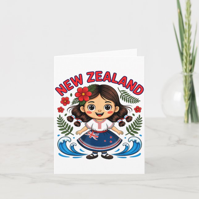 Cute New Zealand Girl With Fern And Waves Dor Kids Card (Front)