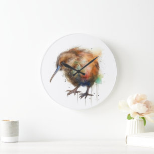Cute New Zealand Kiwi bird in brown watercolor Large Clock