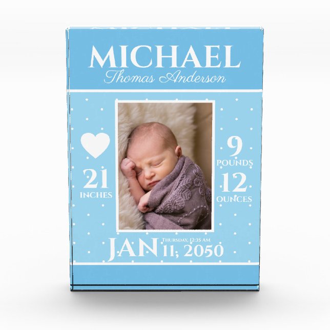 Cute Newborn Baby Birth Stats Blue Polka Dots Photo Block (Front)