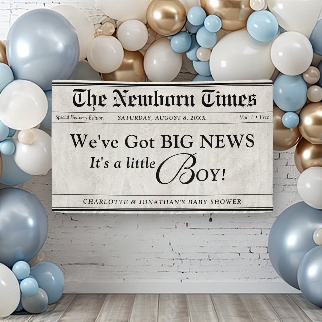 Cute Newborn Times Newspaper Baby Boy Girl Shower Banner (Cute Trendy Baby Boy The Newborn Times newspaper theme baby shower banner decor sign decoration)