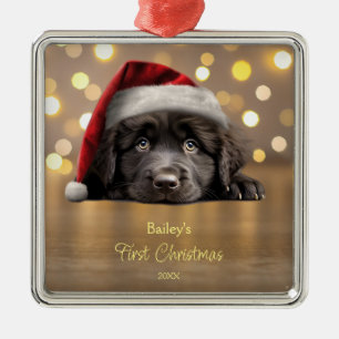 Cute Newfoundland Dog Santa Hat Personalised Metal Ornament