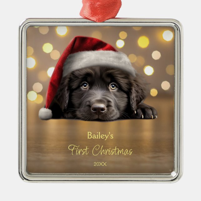 Cute Newfoundland Dog Santa Hat Personalised  Metal Ornament (Front)