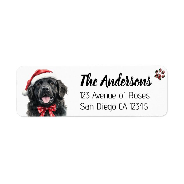 Cute Newfoundland Dog with Santa Hat Return Address Label (Front)