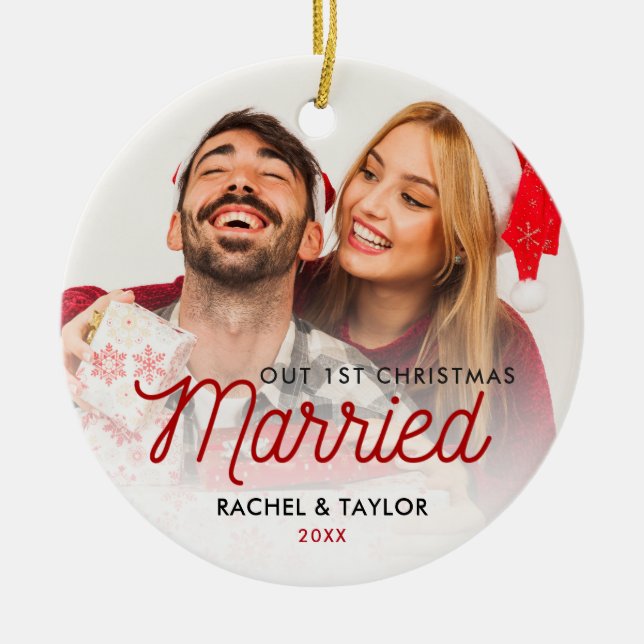 Cute Newlyweds Photo Our First Married Ceramic Ornament (Front)