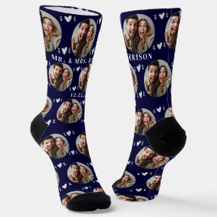Cute Newlyweds Photo Wedding Navy Socks