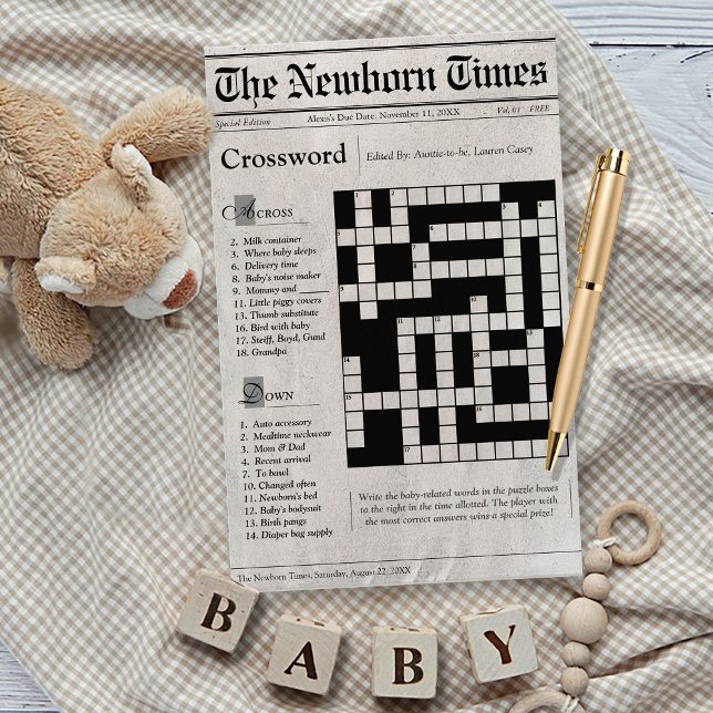 Cute Newspaper Baby Shower Crossword Puzzle Game (The Newborn Times cute newspaper theme baby shower baby words crossword puzzle game card, black)