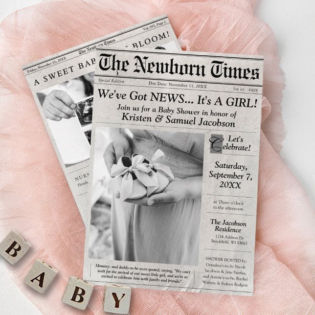 Cute Newspaper Photo Girl Baby Shower Invitation (Cute & unique The Newborn Times newspaper photo baby girl shower invitation, got news, baby in bloom)