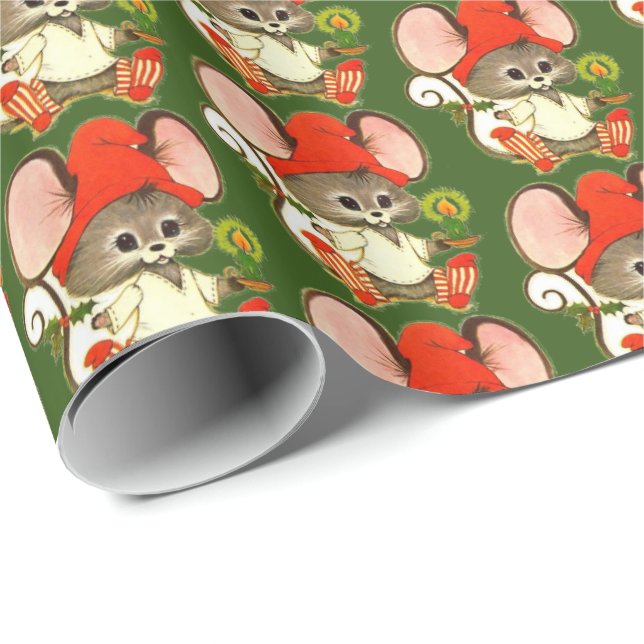 Cute Night Before Christmas Mouse in Night Clothes Wrapping Paper (Roll Corner)