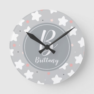 Cute Night Sky with Custom Monogram and Name Round Clock