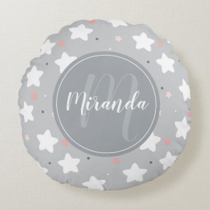 Cute Night Sky with Custom Monogram and Name Round Cushion