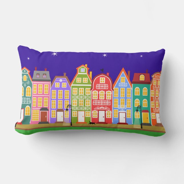 Cute Night Town Walking Cat Pillow (Front)