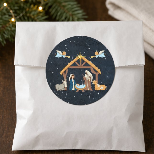 Cute Night When Christ Was Born Classic Round Sticker (Nativity Christmas Sticker)