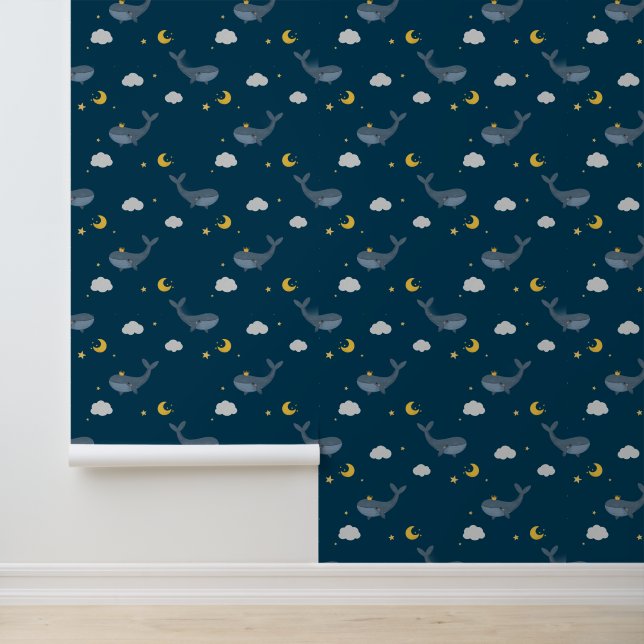 Cute Nighttime Sky Clouds Moon Whale Kids Nursery  Wallpaper (Application)