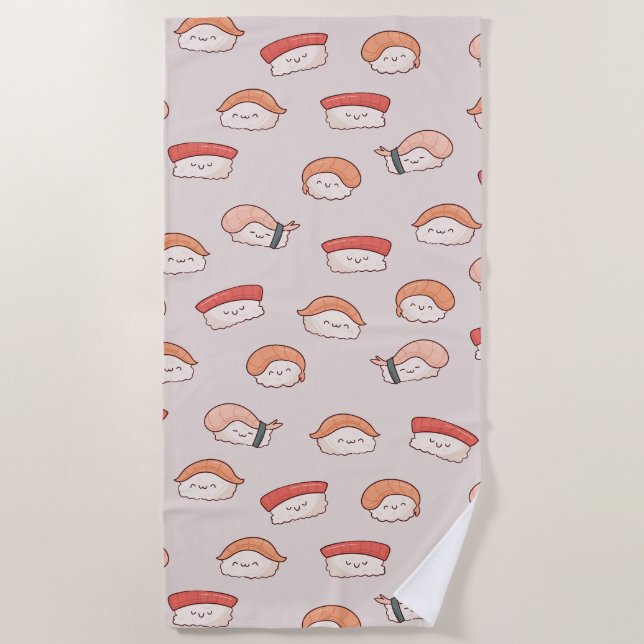 Cute Nigiri Sushi Seamless Pattern Beach Towel (Front)