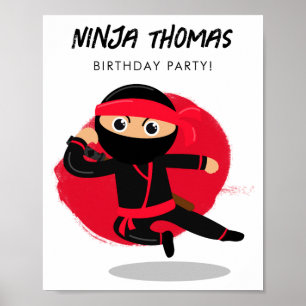 Cute Ninja Black Red Kids Birthday Party T Shirt Poster