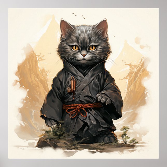 Cute Ninja Cat Happy Japanese Art Poster (Front)