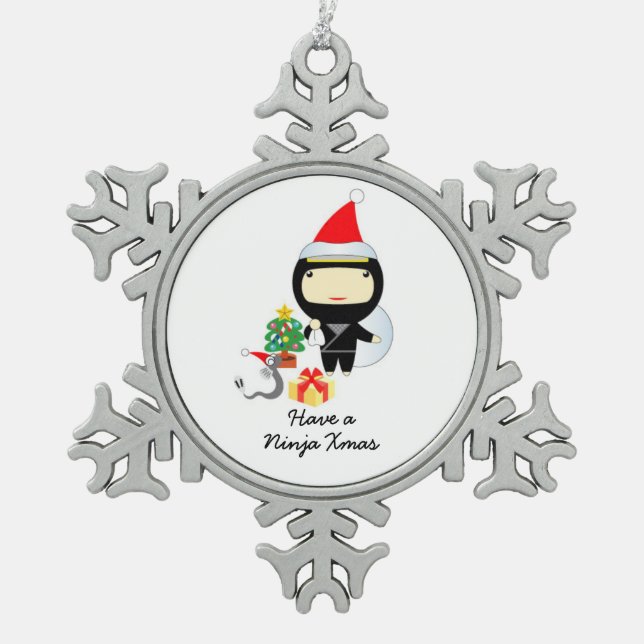 Cute Ninja Christmas Snowflake Pewter Christmas Ornament (Front)