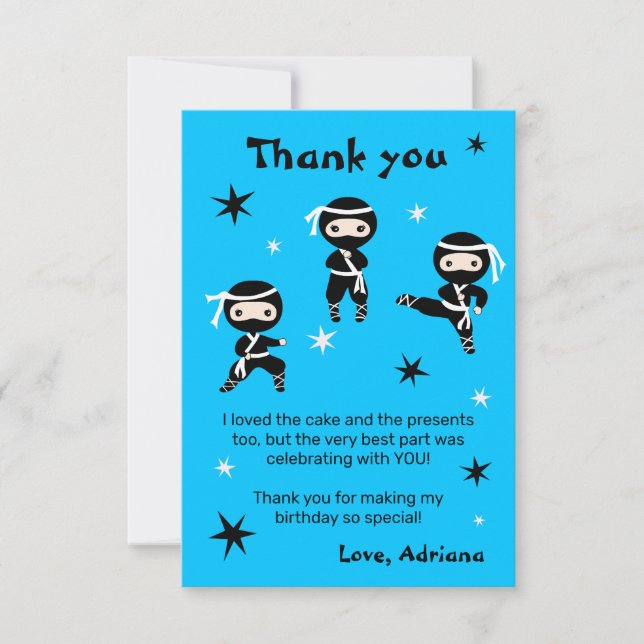 Cute Ninja Kids Warrior Girl Blue Birthday Party  Thank You Card (Front)