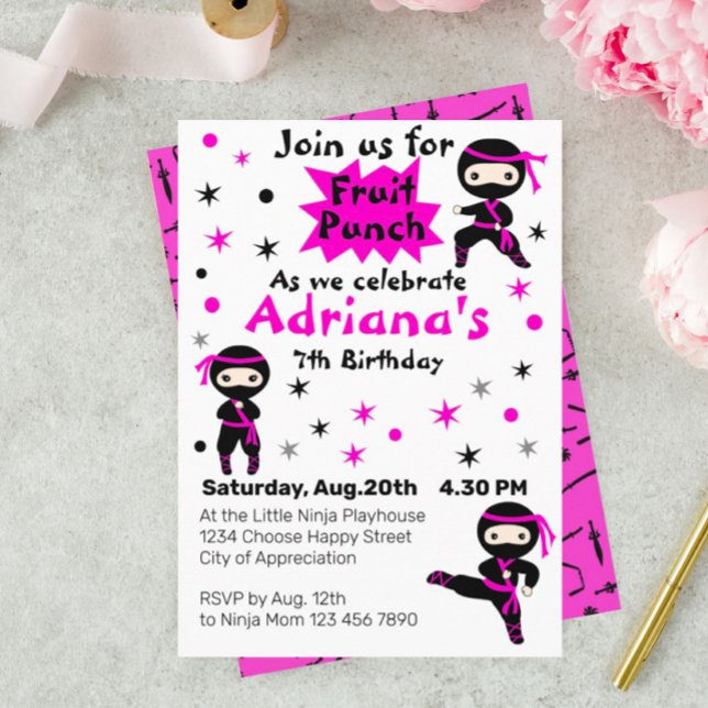 Cute Ninja Kids Warrior Girls Pink Birthday Party  Invitation (Creator Uploaded)