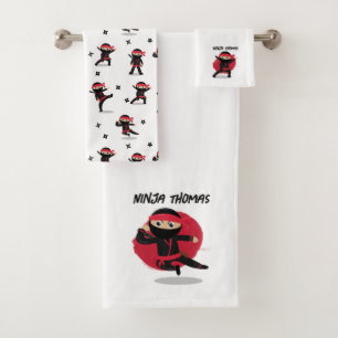 Cute Ninja Warrior Black & Red Kids Bath Towel Set