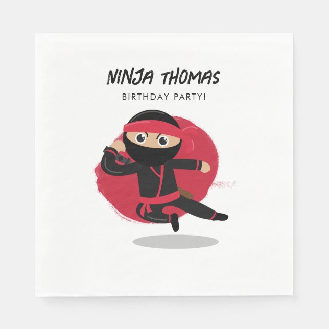 Cute Ninja Warrior Black & Red Kids Birthday Party Napkin (Front)