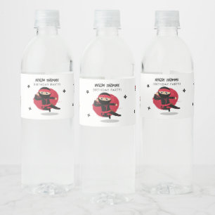 Cute Ninja Warrior Black & Red Kids Birthday Party Water Bottle Label