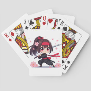 Cute ninja warrior blossom girl playing cards