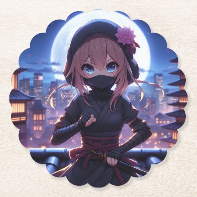 Cute ninja warrior girl  paper coaster (Front)